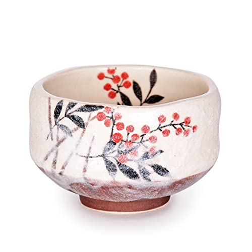 FMC Fuji Merchandise Authentic Japanese Traditional Tea Ceremony Ippuku 3.75" Diameter Mini Matcha Bowl Chawan Mino Tea Cup Textured Glaze Floral Design Handcrafted in Japan (Nanten Heavenly Bamboo)