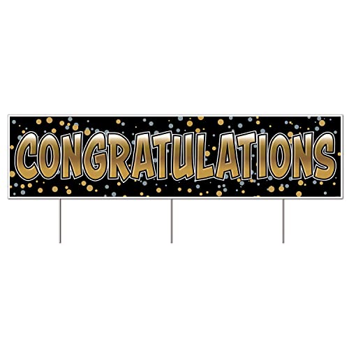 Beistle Durable Plastic Jumbo Congratulations Yard Sign with Metal Stakes Wedding Anniversary Party Graduation Outdoor Lawn Decorations, 11.75" x 47", Black/Gold/Silver
