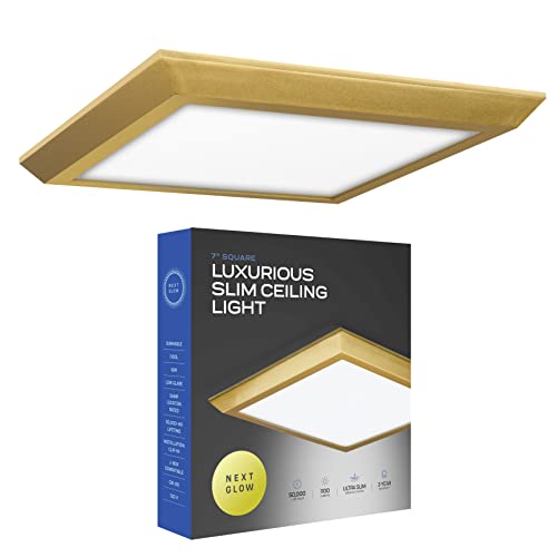 Next Glow Flush Mount LED Ceiling Light 7 inches 16W 1100 Lumen Dimmable Surface LED Light Fixture for Closet Kitchen Bedroom Ceiling Lights Square Brass 4000K Warm White, Easy Installation