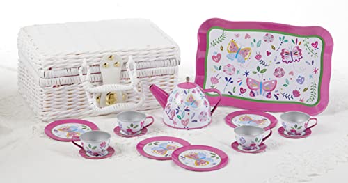 Delton Tin Tea Set in Basket 15 Piece, Butterfly