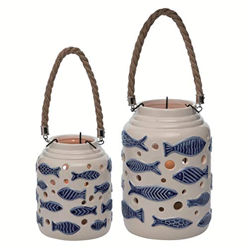 Transpac A5801 Ceramic Indigo Fish Lanterns, Set of 2