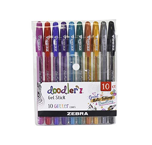 Zebra Pen Doodlerz Gel Stick Pen, Bold Point, 1.0mm, Assorted Glitter Colors, 10 Pack