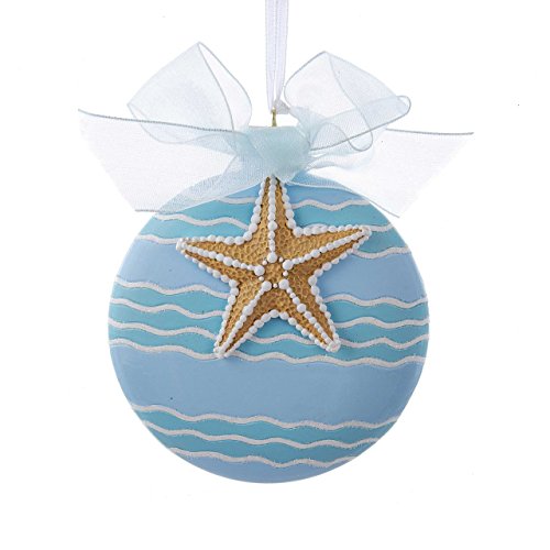 Kurt Adler STARFISH ON DISC WITH BLUE WAVES AND SHEER WHITE RIBBON ORNAMENT *FREE PERSONALIZATION*