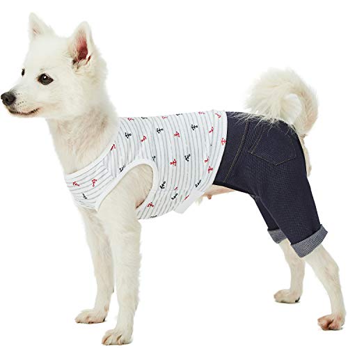 Blueberry Pet Summer Vacation Beach Cotton 4 Legged Onesie Dog Shirt with Denim Colored Pants, Sea Lover Nautical Striped Jumpsuit, Back Length 16", for Medium Large Dogs