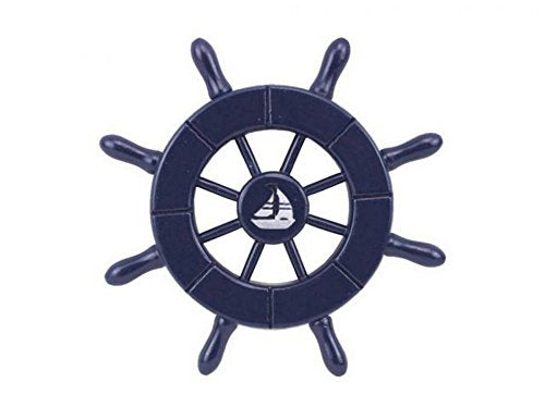Hampton Iron Dark Blue Decorative Ship Wheel with Sailboat 6" - Ship Steering Wheel - Nauti