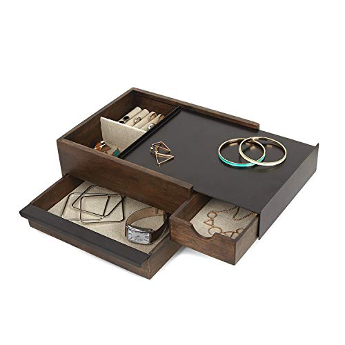 Umbra Stowit Jewelry Box - Modern Keepsake Storage Organizer with Hidden Compartment Drawers for Ring, Bracelet, Watch, Necklace, Earrings, and Accessories (Black / Walnut)