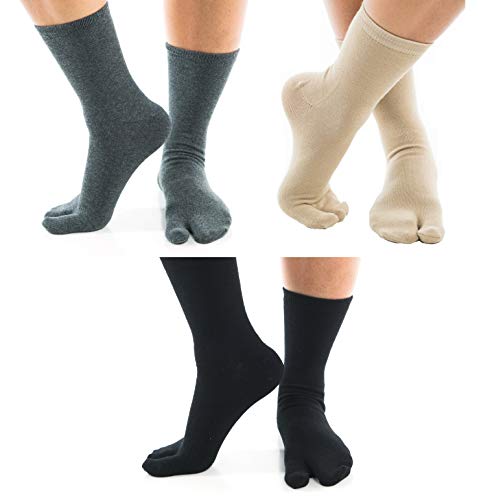 V-Toe Socks Tabi Flip Flop Toe Socks V-Toe Black, Khaki & Gunmetal Gray Crew Big Toe Casual - 3 Pair Combo