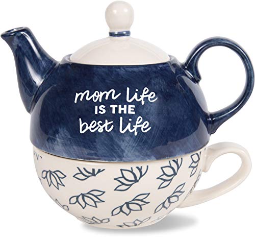 Pavilion Gift Company 85241 Pavilion-Mom Life is The Best Life-15 Oz 8 Oz Teacup Tea for One Teapot and Cup set, 6 Inch Tall, Blue