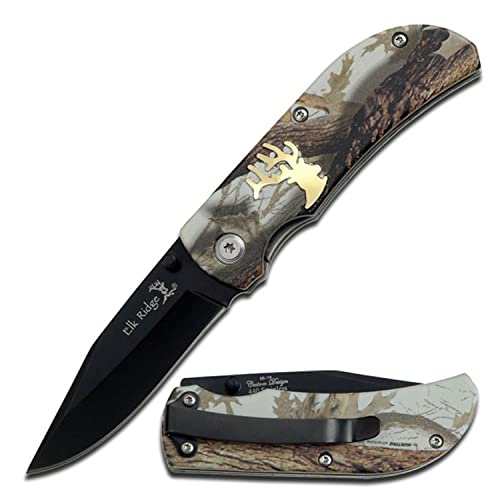 Master Cutlery Elk Ridge - Outdoors Folding Knife - 3.5-in Closed, 2.5-in Black Stainless Steel Blade, Camo Coated Handle with Brass Plated Elk Overlay, Pocket Clip - Hunting, Camping, Survival - ER-118CA