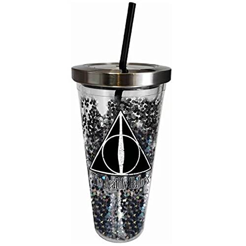 Spoontiques 21343 Harry Potter Deathly Hallows Glitter Cup w/Straw, 20 ounces, Black