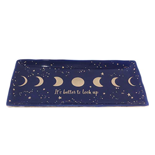 Youngs 20663 Ceramic Celestial Rectangular Tray, 14-inch Length, Blue and Silver