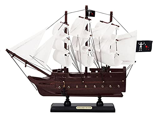 Hampton Iron HANDCRAFTED NAUTICAL DCOR Wooden Blackbeards Queen Annes Revenge White Sails Model Pirate Ship 12"