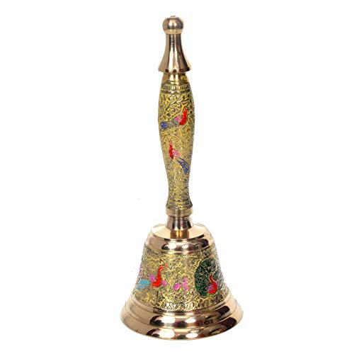 Hashcart Spiritual D√©cor Brass Hand-Held Bell | Colorful Jingle Bell for Christmas / Hindu Festivals | Indian Religious Pooja Ghanti for Temples || Decorative Meenakari Work || { Yellow }