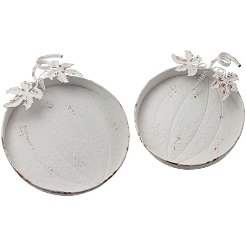 Boston International Set of 2 Trays Decorative Metal Pumpkin Platters, 16" & 14" Diameters, White