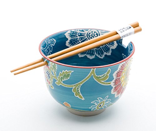 FMC Fuji Merchandise Quality Japanese Ramen Udon Noodle Bowl with Chopsticks Gift Set 5 Inch Diameter (Blue Flower)