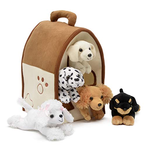Unipak Plush Dog House -Five (5) Stuffed Animal Dogs (Dalmation, Yellow Lab, Rottweiler, Poodle, Cocker Spaniel) in Play Dog House Carrying House