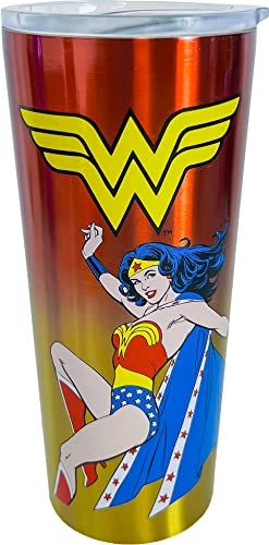 Spoontiques - Wonder Woman Stainless Travel Mug -Insulated Travel Mugs - Stainless Steel Drink Cup with Travel Lid and Sliding Lock - Holds Hot and Cold Beverages