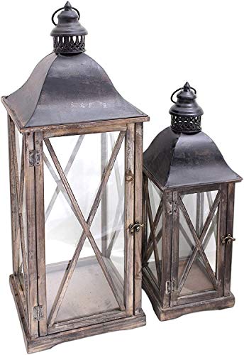 Park Hill Collection Set of Park Hill Large Decorative Wood Floor Lanterns in 2 Sizes