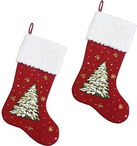 Comfy Hour Joyful Holiday Collection 18"x11" Christmas Tree Snowflakes Stocking, Winter Decoration, Set of 2, Polyester, Red