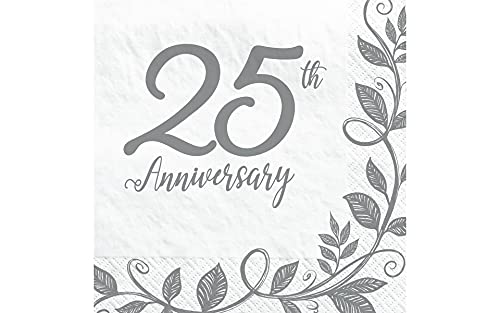 Amscan 25th Anniversary Luncheon Napkins | Silver Floral Design | Disposable | 16 Pcs.