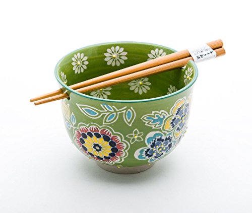 FMC Fuji Merchandise Quality Japanese Ramen Udon Noodle Bowl with Chopsticks Gift Set 5 Inch Diameter (Green Flower)
