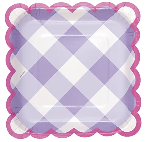 Unique Industries Unique 25534 Square Paper Plates-18 cm-Pastel Gingham Party-8 Count (Pack of 1), Multicolour