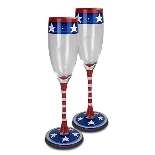 Golden Hill Studio Hand Painted Champagne Flute Set of 2 - Patriotic Collection - Hand Painted Glassware by USA Artists - Unique and Decorative Champagne Glasses, July 4th Kitchen Table D‚àö¬©cor