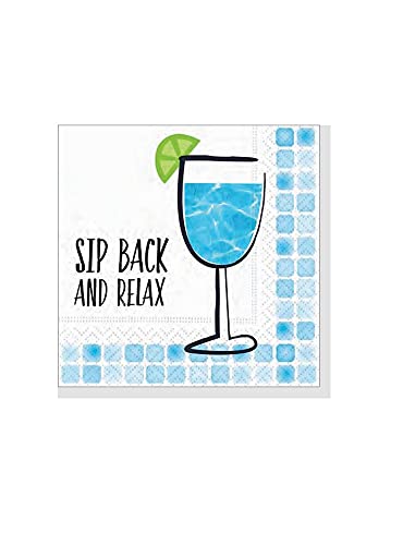 Design Design Turquoise Blue and White Beverage Cocktail Napkins - for Pool Party, 5x5 Inch Square