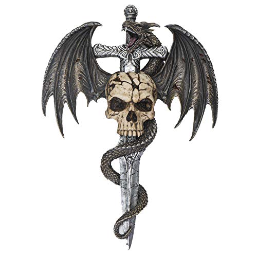 Pacific Trading Summit Collection Spiral Draco Dragon Skull Dagger Fantasy Gothic Decorative Wall Sculpture 14 Inches
