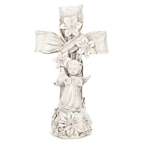 Napco Cross with Cherub 5.75 Inch Tall Distressed White Resin Garden Figurine