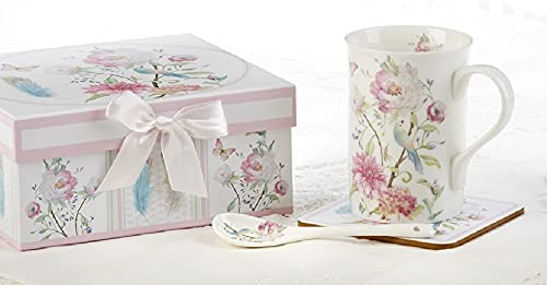 Delton Products Feather & Floral Porcelain Mug-Coaster-Spoon Set in Gift Box Novelty,Pink,12 Ounces