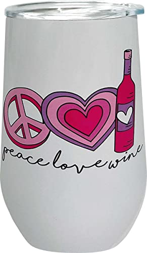 Spoontiques - Peace Love Insulated Wine Tumbler with Lid ‚Äì Double Wall Stainless Steel Stemless Wine Glass ‚Äì 16oz - 5 5/8‚Äù Tall
