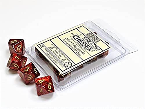 DND Dice Set-Chessex D&D Dice-16mm Glitter Ruby and Gold Plastic Polyhedral Dice Set-Dungeons and Dragons Dice Includes Glitter: 10D10 Ruby/Gold Various