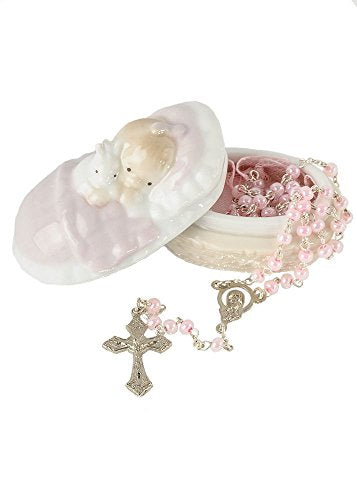 Roman Pink Rosary in a Porcelain Keepsake Box Christening Baptism Gift