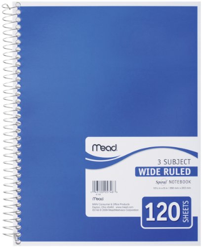 ACCO (School) Mead Spiral Notebook, 3 Subject, Wide Ruled Paper, 120 Sheets, 10-1/2 x 7-1/2 inches, Color Selected For You (05746)