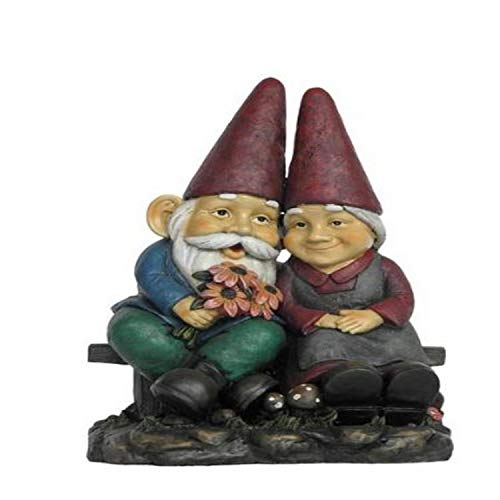 Hi Line Gift Ltd Garden Gnome Old Couple Holding Flower Statue on Bench, 17-Inch