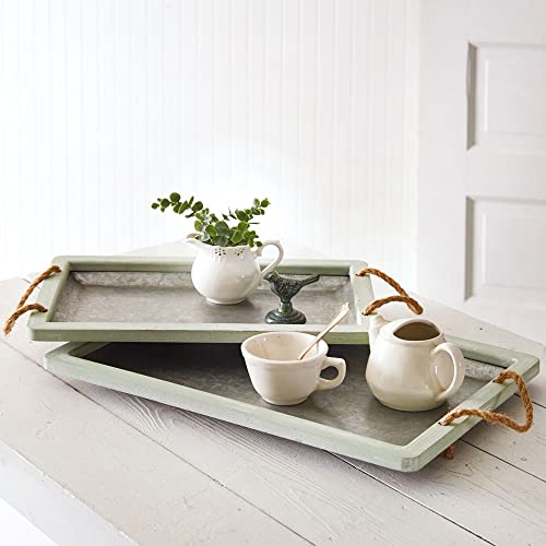 CTW Home Collection 530575 Jade Galvanized Trays with Rope Handles, Set of 2