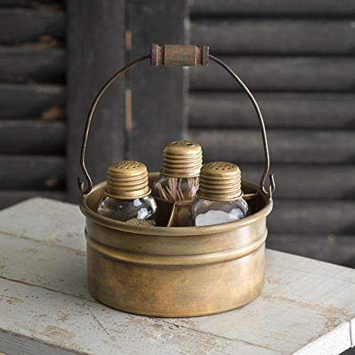 CTW Round Bucket Salt Pepper and Toothpick Caddy - Antique Brass