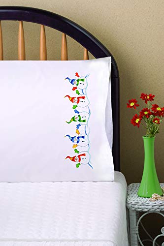 Design Works Crafts Tobin Stamped Pillowcases, Snowman Row, 20" x 30" Embroidery Kit, white