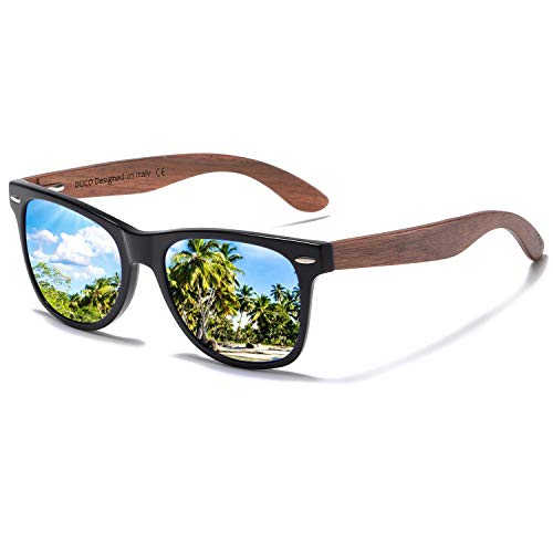 DUCO Polarized Driving Eyewear Handmade Wooden Sunglasses for Men and Women 2141 (Blue Lens Walnut Temple)