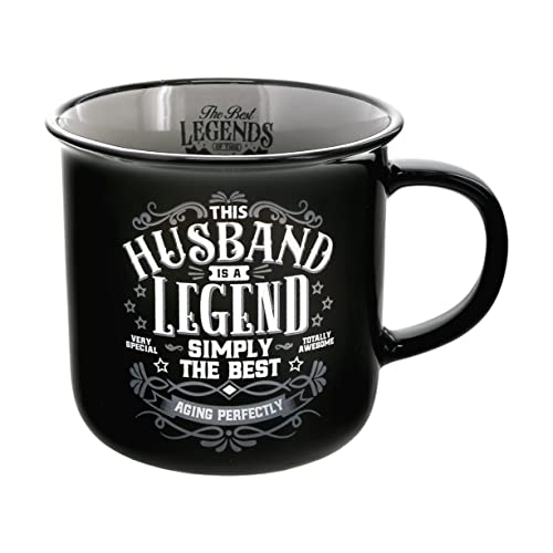 Pavilion Gift Company - Husband The Legend - Ceramic 13-ounce Campfire Mug, Double Sided Coffee Cup, Coffee Mugs for Guys, 1 Count - Pack of 1, 3.75 x 5 x 3.5-Inches, Black/Gray
