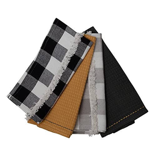 Foreside Home & Garden Set of 4 Multicolor Plaid and Solid 27 x 18 Inch Woven Cotton Kitchen Tea Towels, Multi