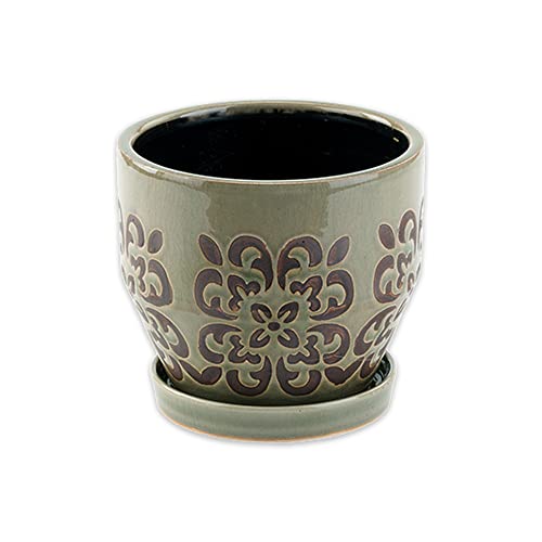 Napco 13425 Abstract Flower Pattern Brown 4.25 x 4.25 Ceramic Standing Container Garden Planter Pot with Saucer