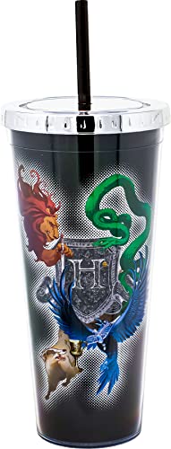 Spoontiques - Acrylic Foil Cup with Straw - 20 - Metallic Locking Lid with Straw - Double Wall Insulated - BPA Free - Harry Potter Crest