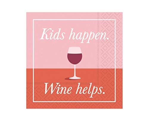 Design Design Funny Cocktail Napkins,"Kids Happen. Wine Helps." | 20 Beverage Napkins, 5 x 5 inches, 3-Ply