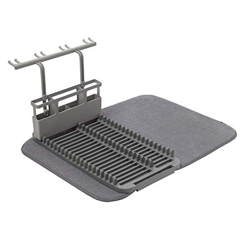 Umbra UDRY Drying Rack and Microfiber Dish Mat with Stemware Holder and Utensil Caddy-Space-Saving Lightweight Design Folds Up for Easy Storage, 24 x 18 inches, Charcoal