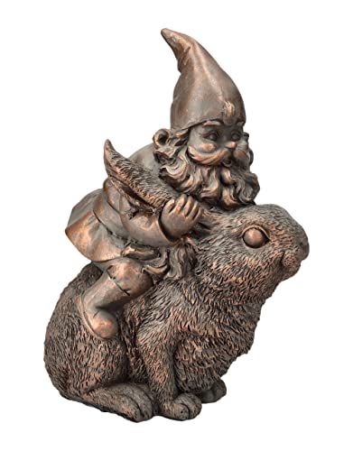 Pacific Trading Giftware Bronze Gnome on Bunny Figurine, 8.07-inch Height, Gold Cast Broze, Table Decoration