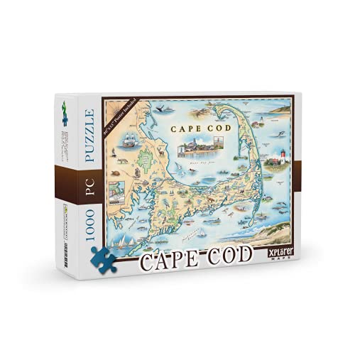 Xplorer Maps Cape Cod Map Cardboard Jigsaw Puzzle - 1000 Pieces, Hand-Illustrated - Educational, Family Activity, Ages 7+, Includes Poster - 25.4 x 19.8