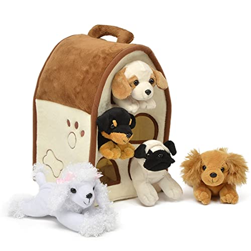 Unipak 7166DO-HL Plush Dog House -Five (5) Stuffed Animal Dogs (Brown Ear Spaniel, Bulldog, White Poodle, Brown Spaniel, and Rottweiler)