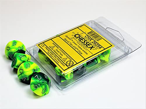 DND Dice Set-Chessex D&D Dice-16mm Gemini Green, Yellow, and Silver Plastic Polyhedral Dice Set-Dungeons and Dragons Dice Includes 10 Dice  D10